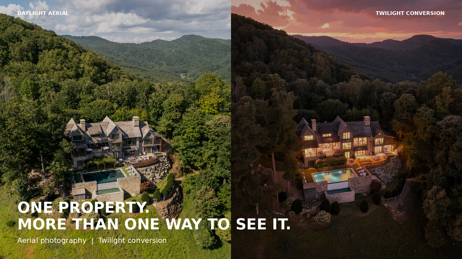 Daylight aerial and twilight conversion real estate photography comparison by Deborah Scannell Photography